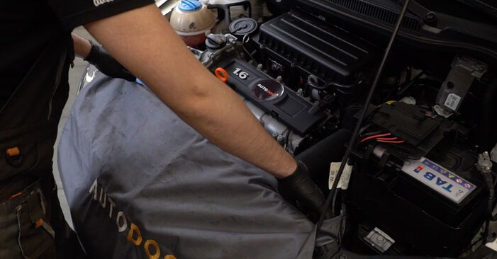 Wie man VW Polo Limousine (602, 604, 612, 614) 1.6 TDI 2010 Keilrippenriemen austauscht - Schrittweise Handbücher und Videowegleitungen