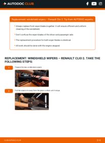 How to carry out replacement: Wiper Blades 1.2 (BB0A, BB0F, BB10, BB1K, BB28, BB2D, BB2H, CB0A,... Renault Clio 2